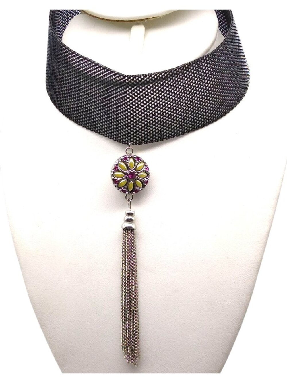 Black Mesh Choker Necklace with Ginger Snaps Silver Tone Tassel Pendant and 3